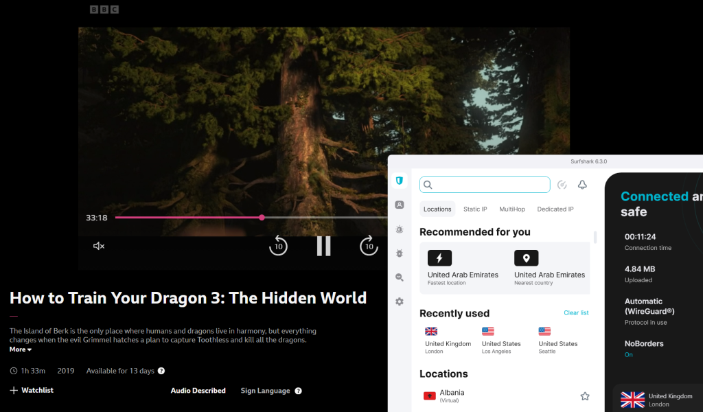 BBC iPlayer streaming successfully while connected to Surfshark’s UK London server