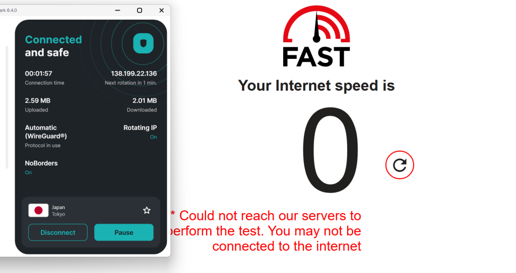 VPN connected, but speed test failed for Surfshark