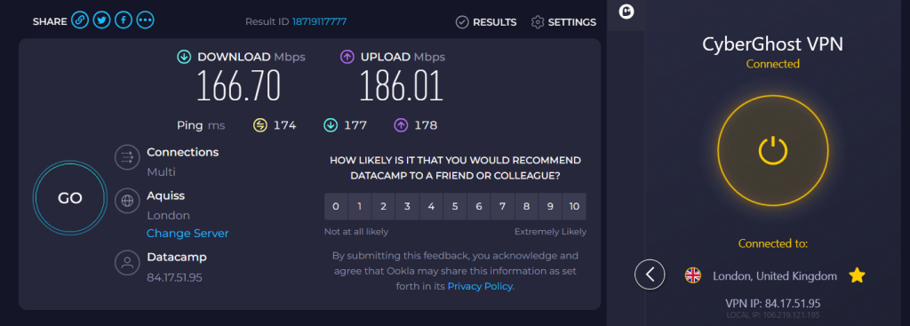 CyberGhost Specialized BBC iPlayer UK speed test showing over 166.7 Mbps download while connected to a UK server