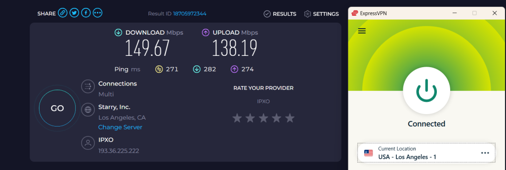 Speed test showing 149.67 Mbps download and 138.19 Mbps upload while connected to ExpressVPN LA Server