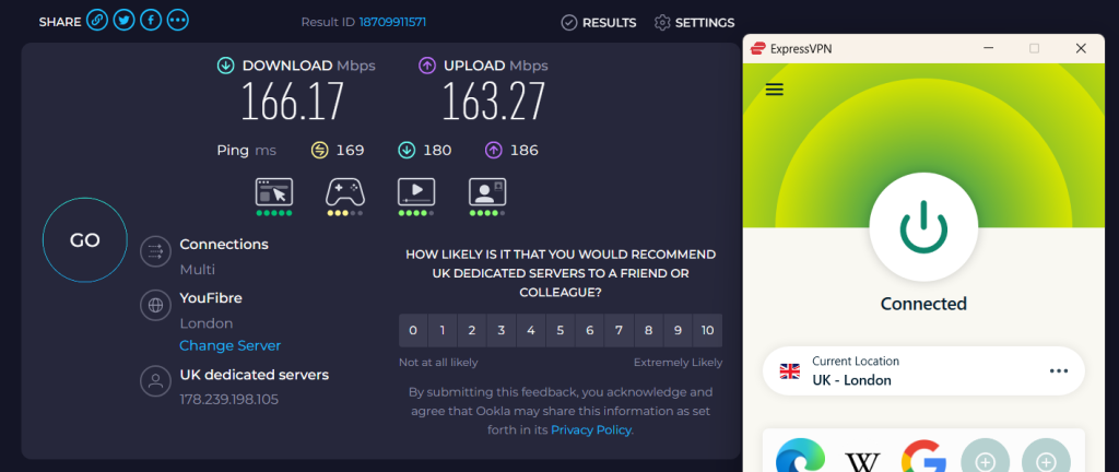 ExpressVPN UK speed test showing over 166.17 Mbps download while connected to a UK server