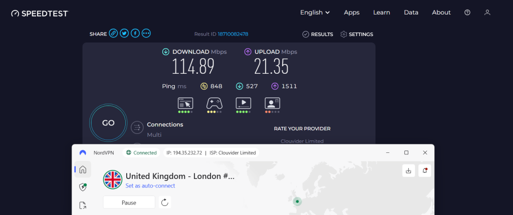 NordVPN speed test results on a UK server with 114.89 Mbps download speed