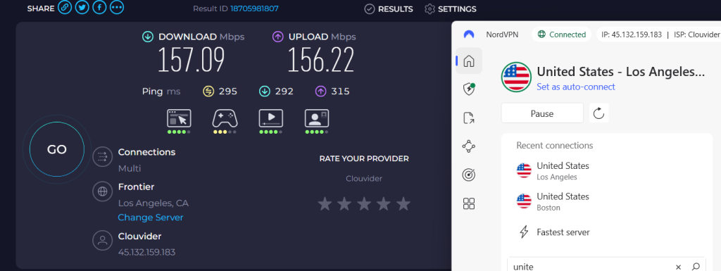 Speed test showing 157.09 Mbps download and 156.22 Mbps upload while connected to NordVPN Los Angeles.