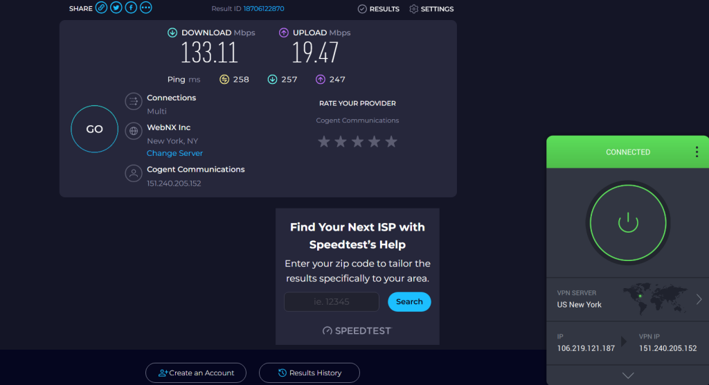 PIA VPN Speed Test for US New York Server