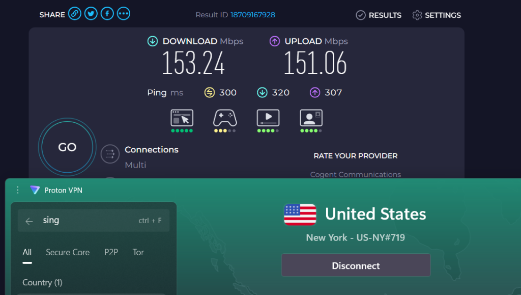 Speed test showing 153.24 Mbps download and 151.06 Mbps upload while connected to Proton VPN New York Server