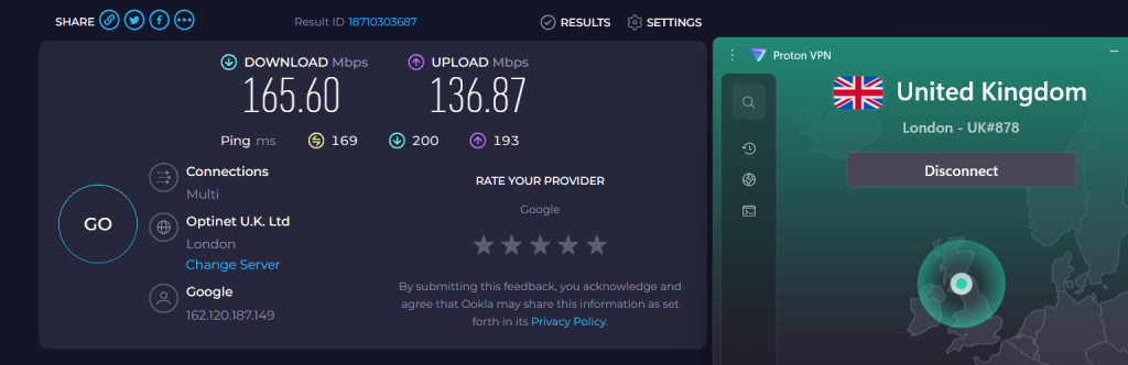 Proton VPN speed test showing over 165.6 Mbps download while connected to a UK server