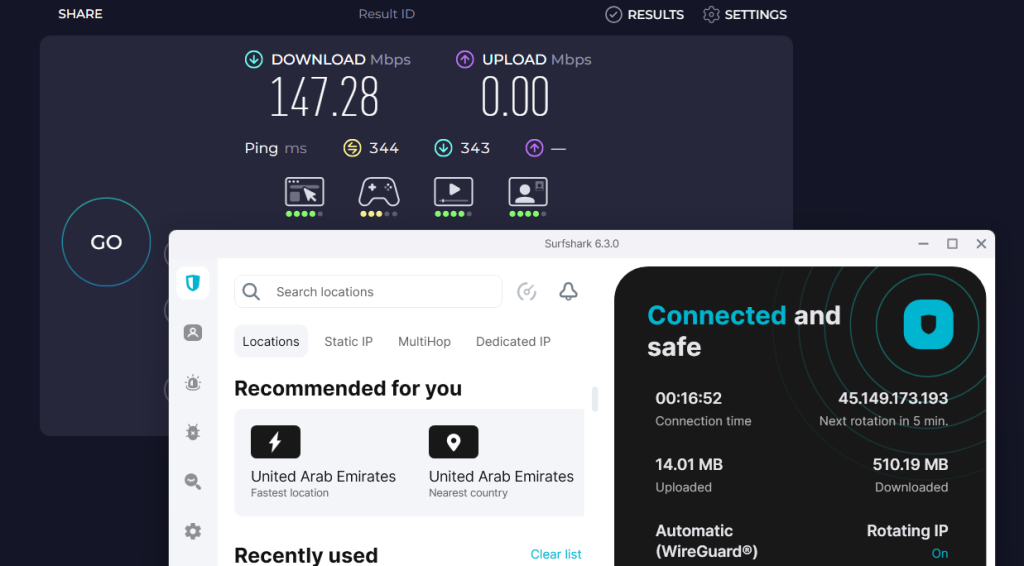 Speed test showing 147.28 Mbps download and 0.00 Mbps upload while connected to Surfshark LA Server