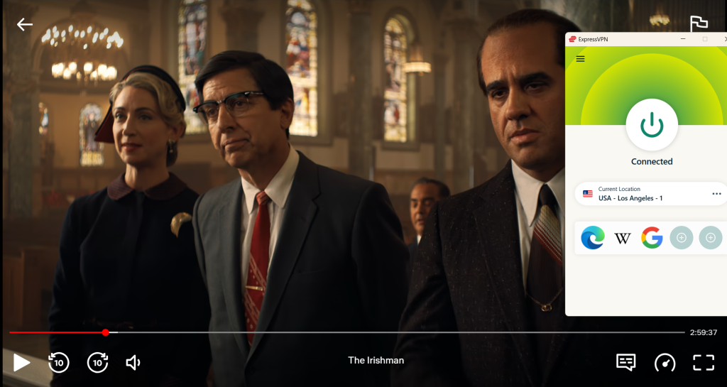 Screenshot showing ExpressVPN connected to the US LA server with Netflix streaming successfully unblocked