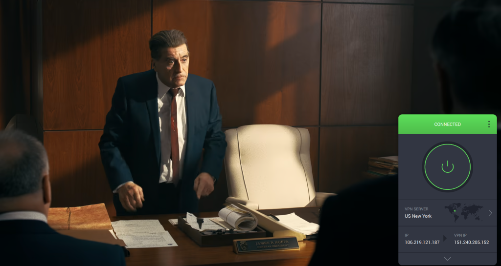 Screenshot showing PIA connected to the US New York server with Netflix streaming successfully unblocked.