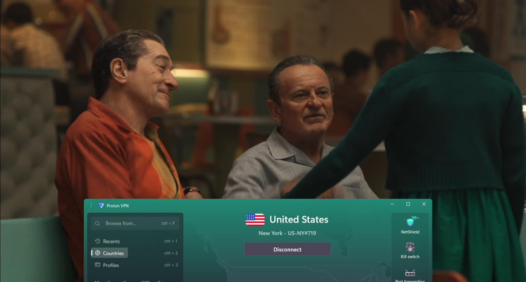 Screenshot showing Proton VPN connected to the US New York server with Netflix streaming successfully unblocked.