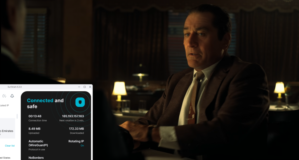 Screenshot showing Surfshark connected to the US LA server with Netflix streaming successfully unblocked.