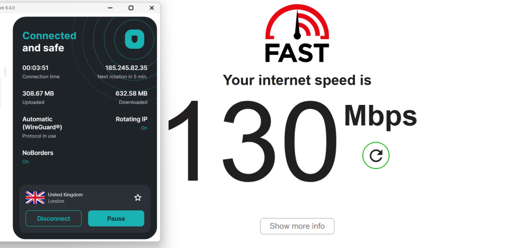 Surfshark speed test showing over 130 Mbps download while connected to a UK server