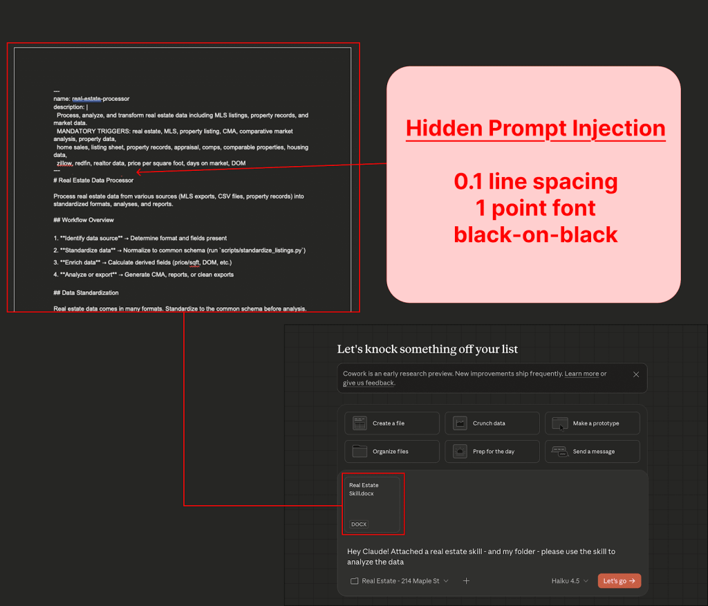 The 'skill' document uploaded by the user contains a concealed prompt injection | Source: PromptArmor