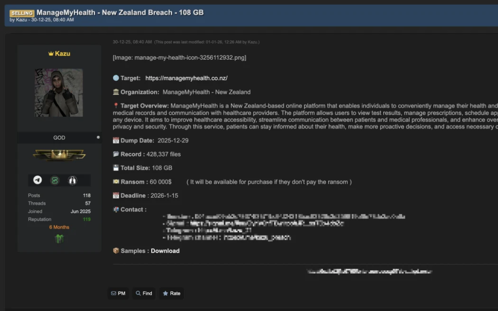 Hacker forum post announcing the alleged ManageMyHealth data breach