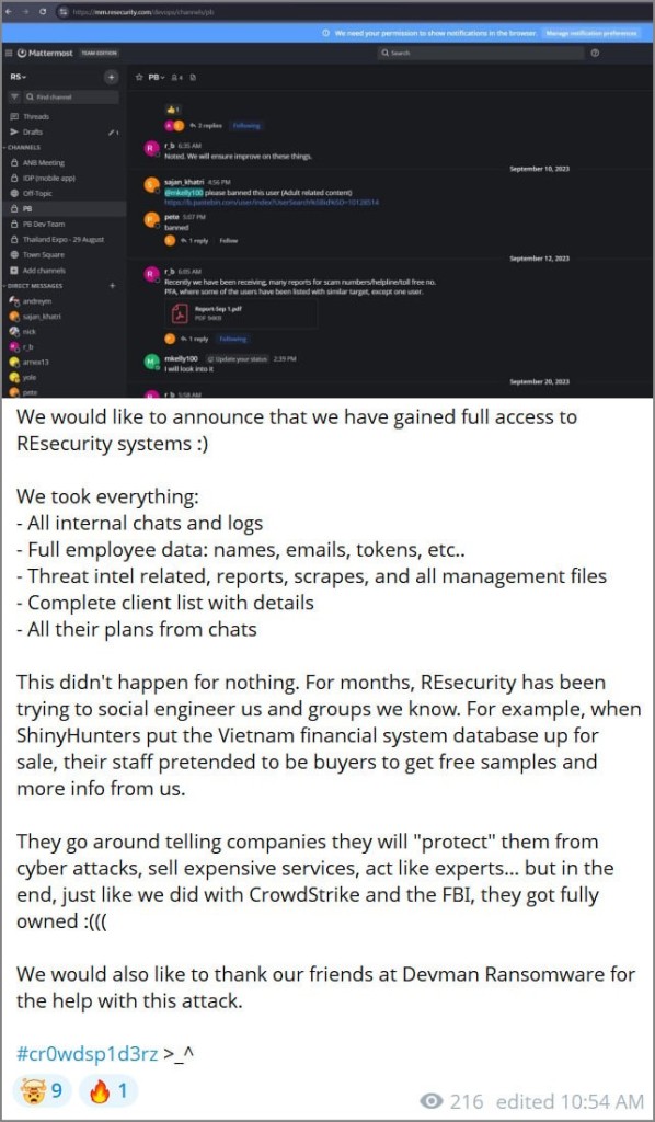 Part of the Telegram post by the threat actors