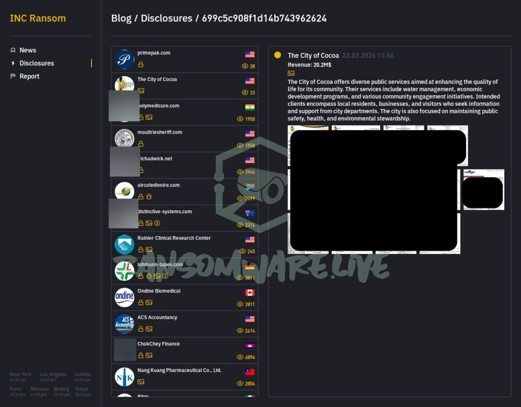 INC Ransom claims city of Cocoa, Florida, | Source: Ransomware.live