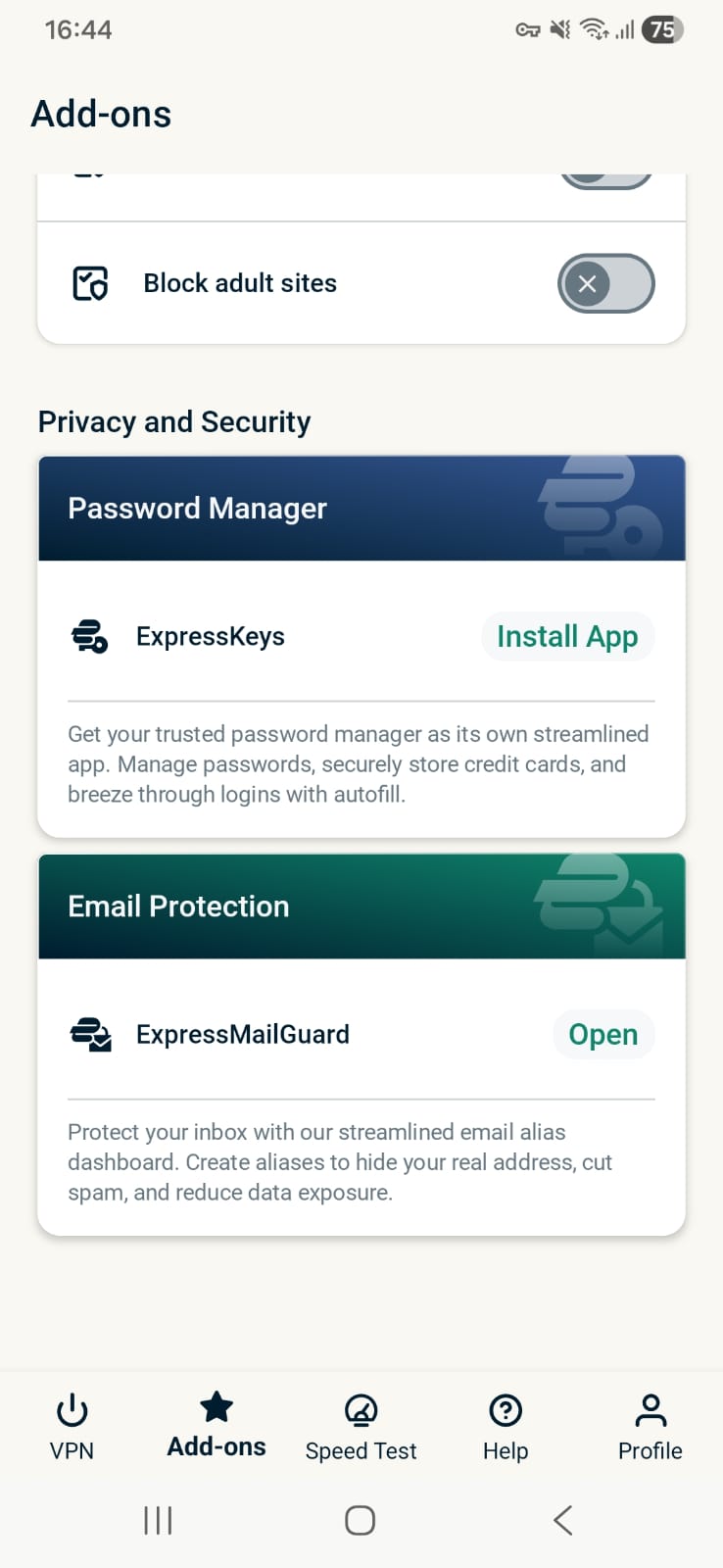 ExpressVPN Android - Add-Ons Page Interface