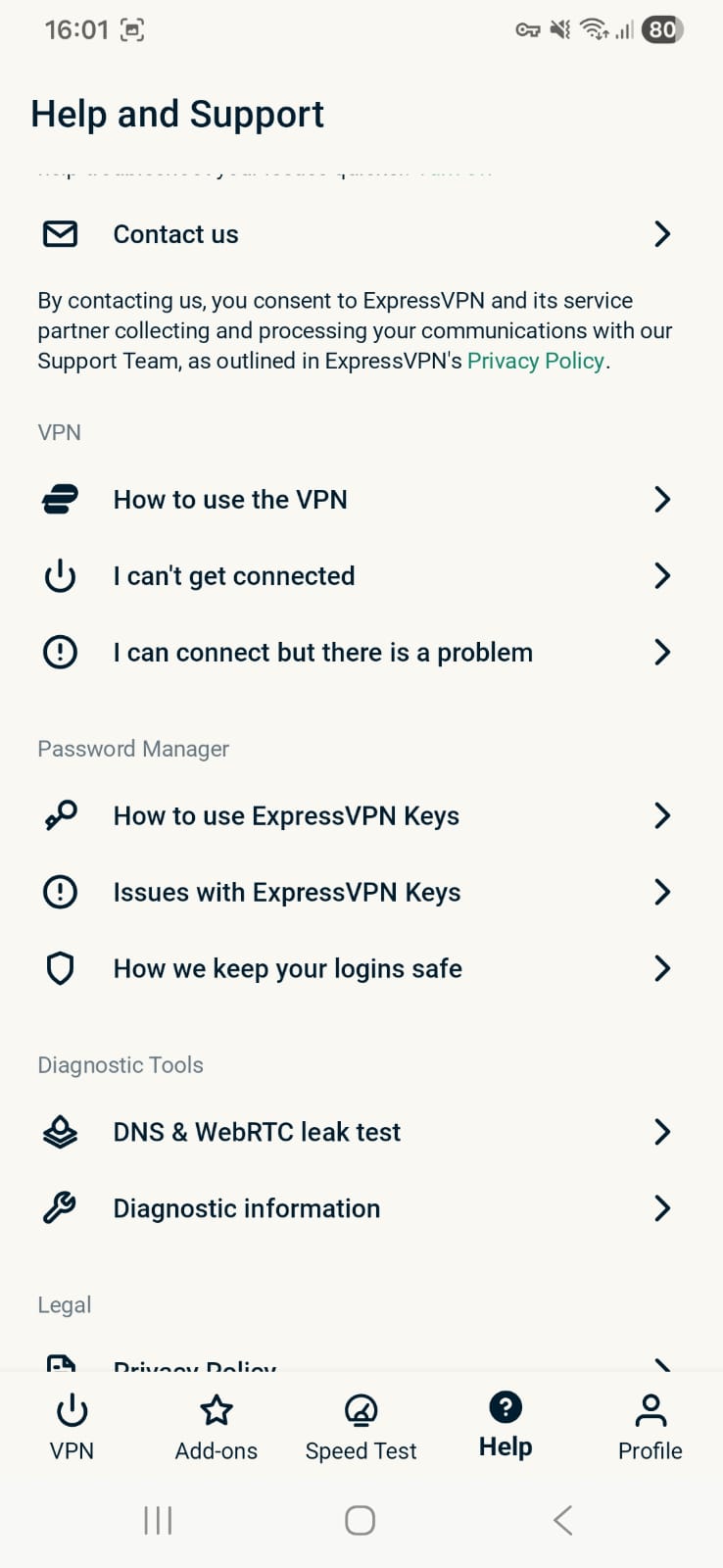 ExpressVPN Android - Help & Support Page Interface