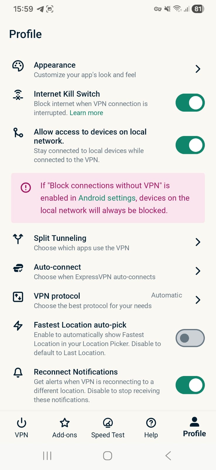 ExpressVPN Android - Profile Page Interface