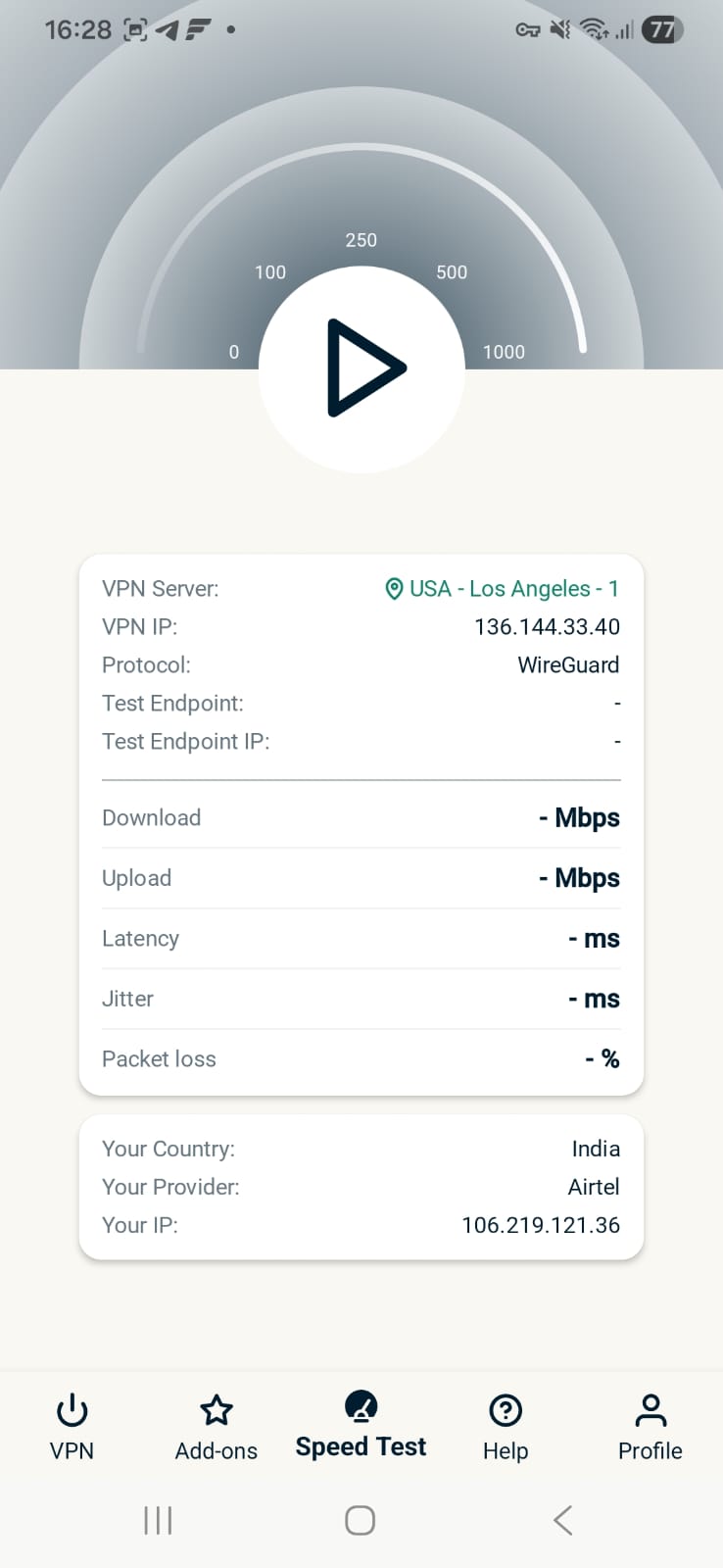 ExpressVPN Android - Speed Test Page Interface