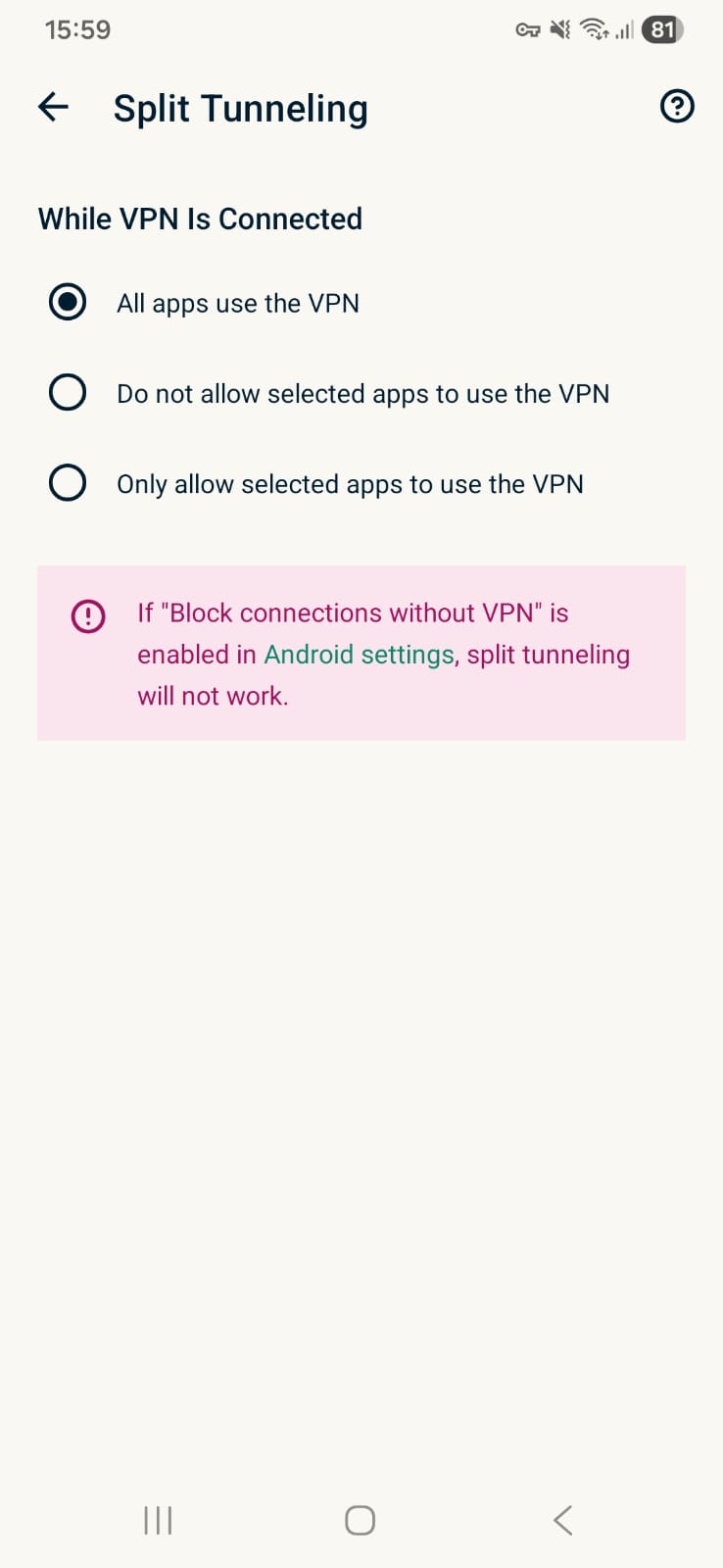 ExpressVPN Android - Split Tunneling Page Interface
