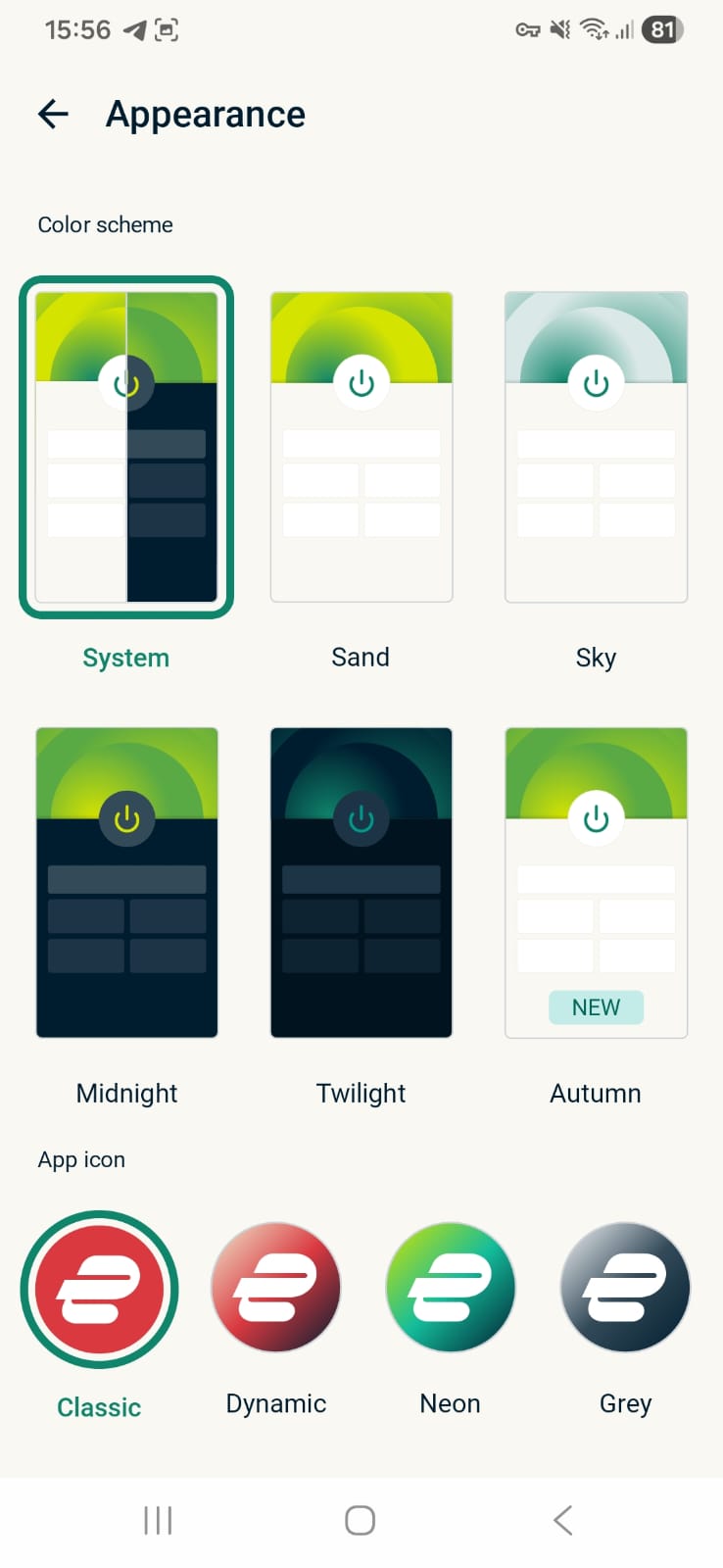 ExpressVPN Android - Themes Page Interface