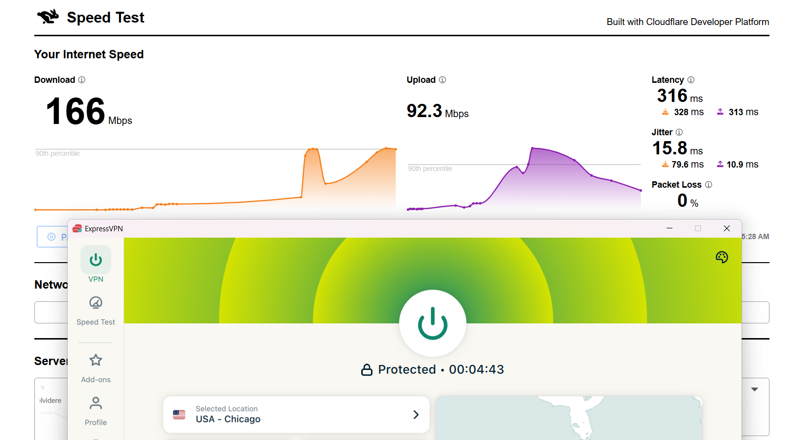 NordVPN speed test results on Windows connected to Chicago server over WiFi showing download, upload, and latency performance