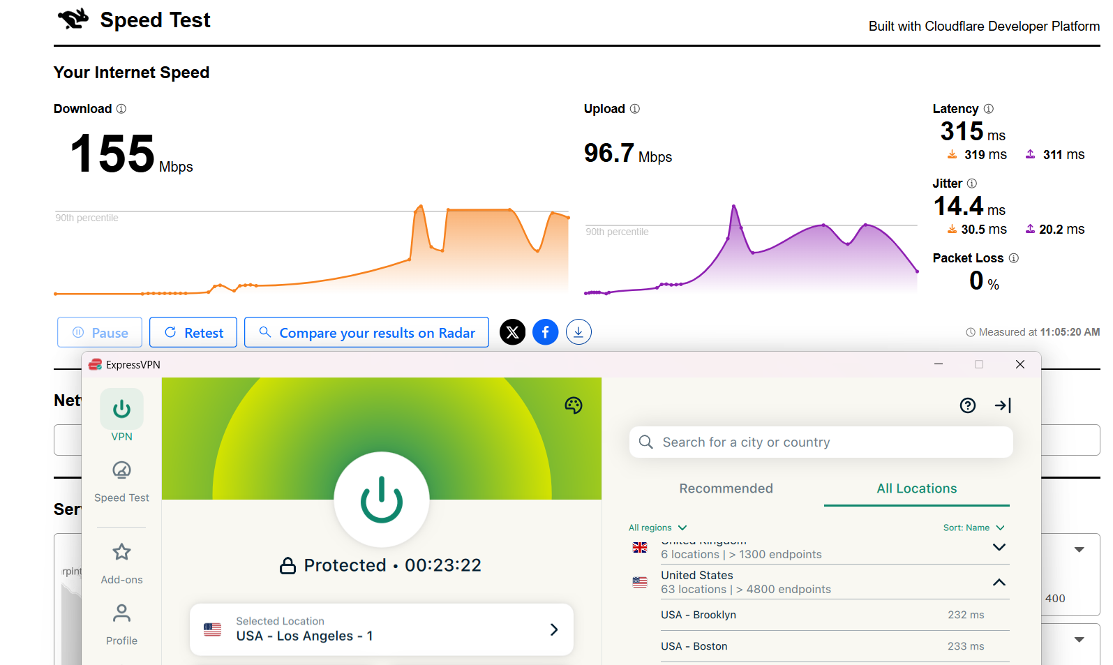 NordVPN speed test results on Windows connected to Los Angeles server over WiFi showing download, upload, and latency performance