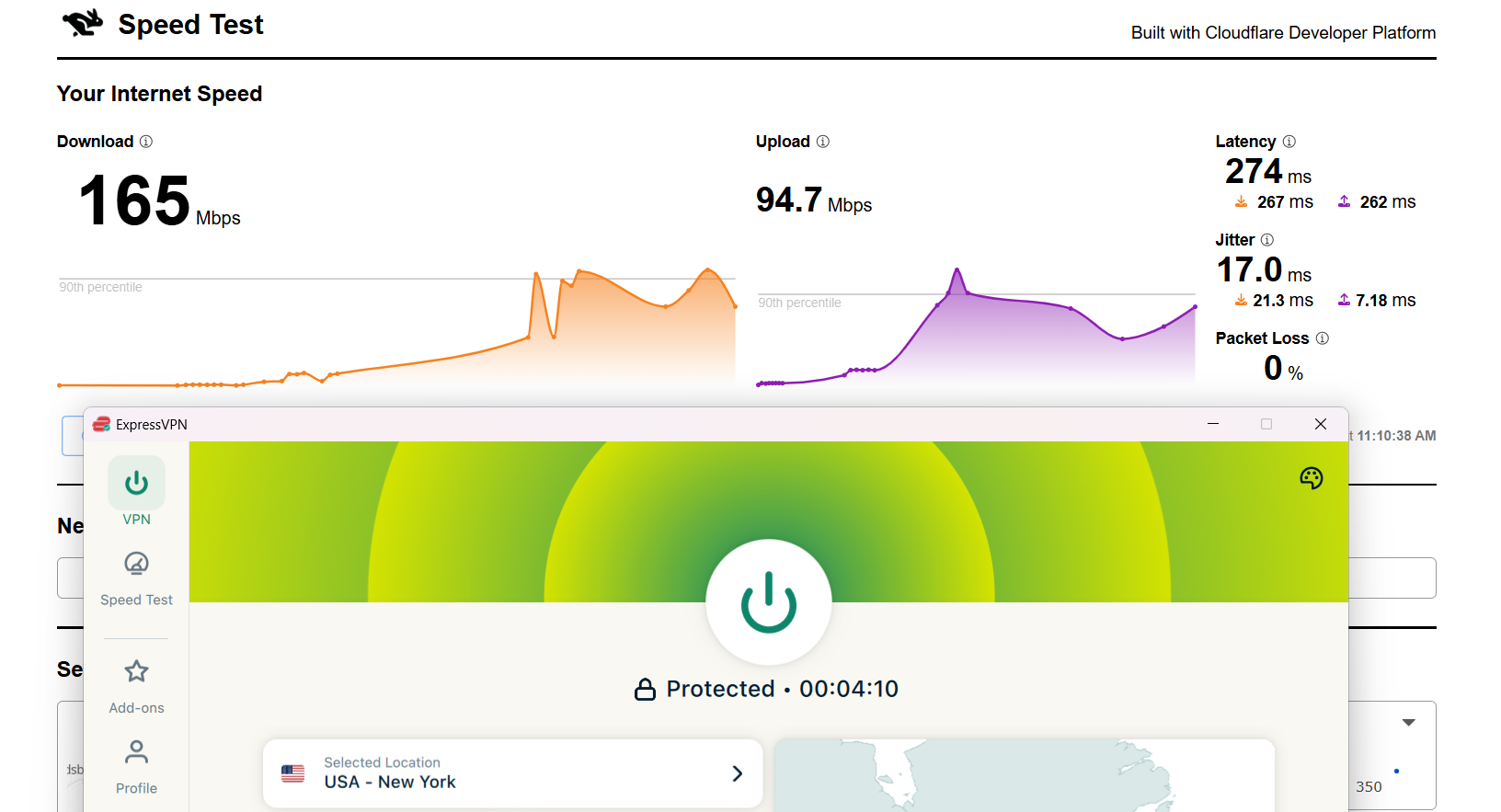 NordVPN speed test results on Windows connected to New York server over WiFi showing download, upload, and latency performance