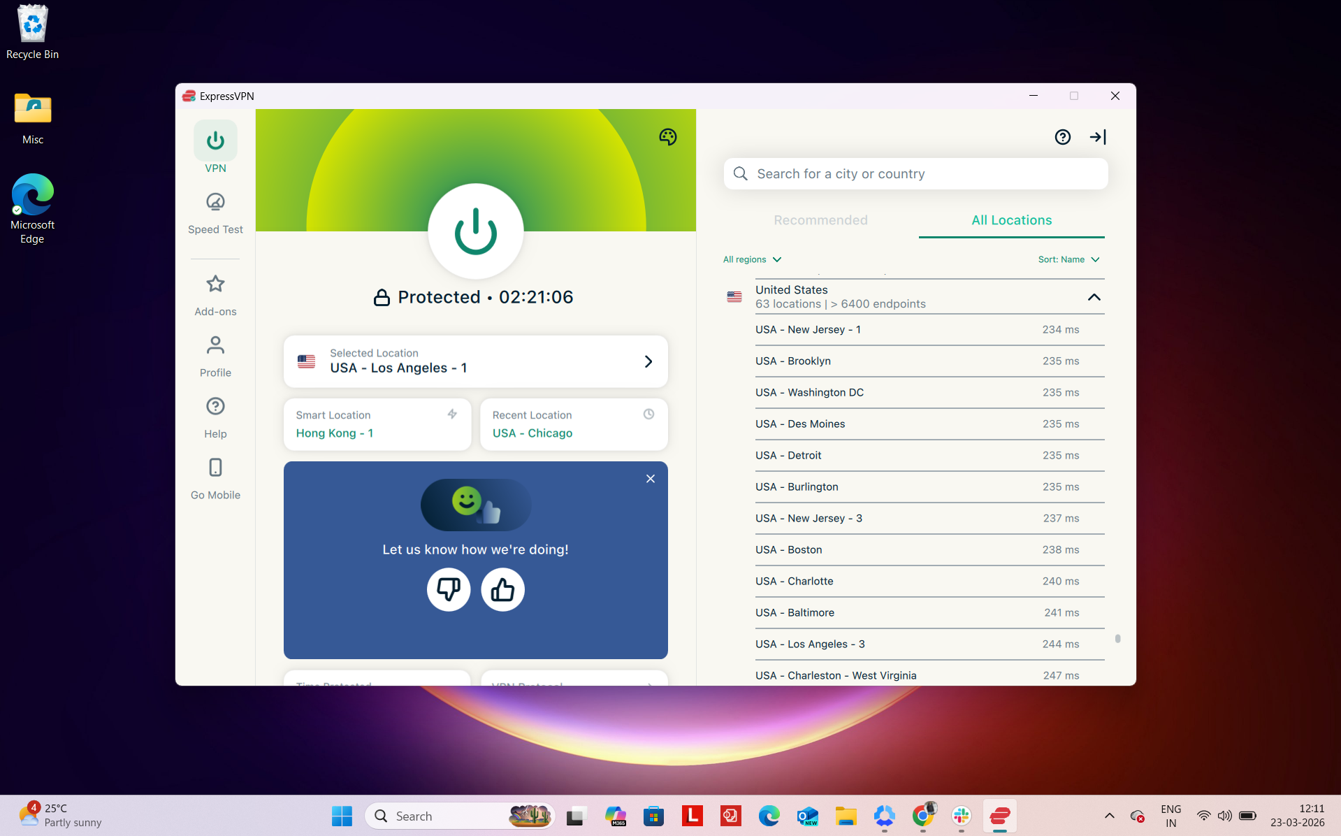 ExpressVPN Windows app interface showing server selection with Los Angeles location and list of available US servers