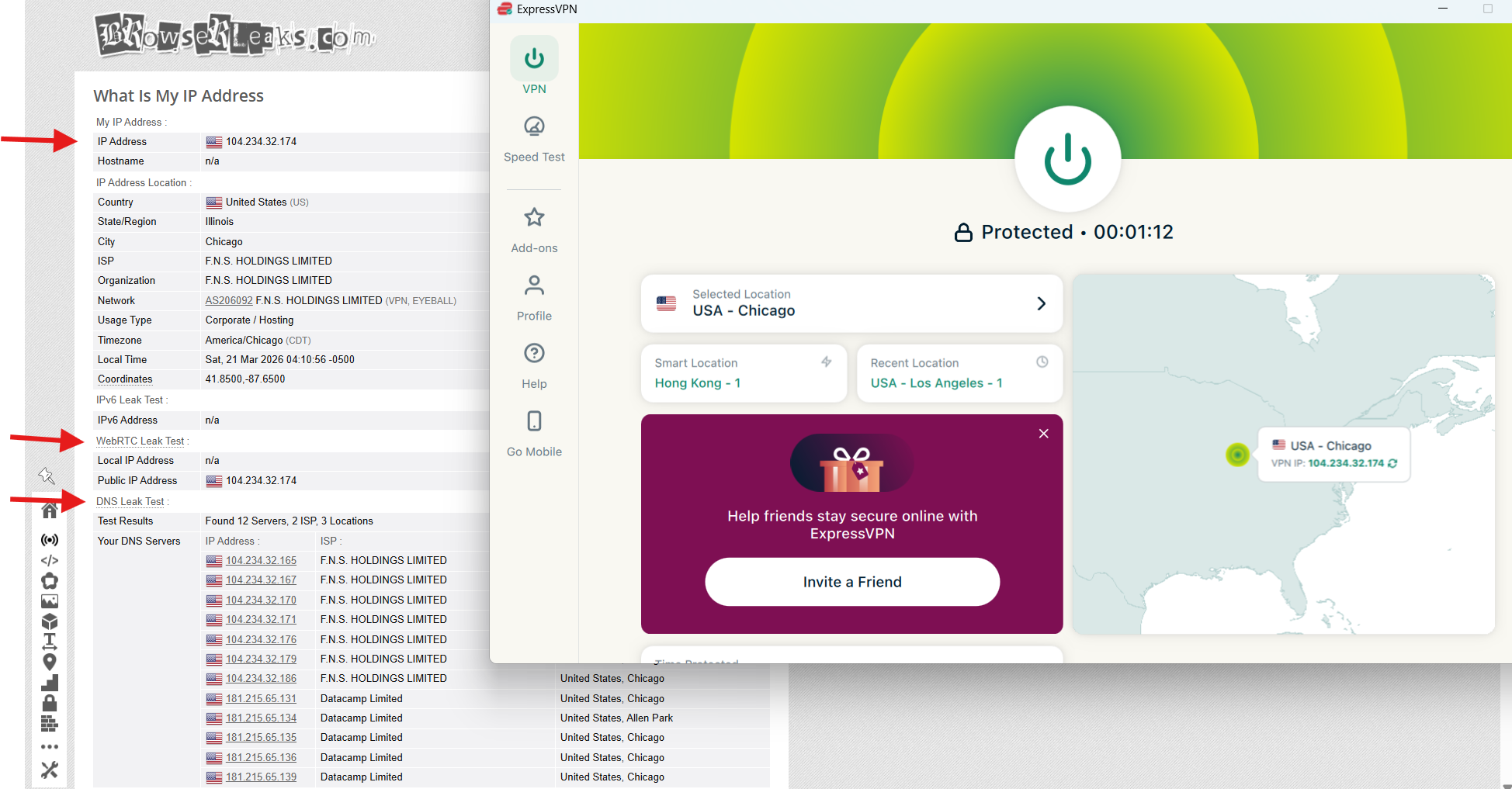 ExpressVPN IP, DNS, and WebRTC leak test results on Windows connected to Chicago server over WiFi showing no leaks detected