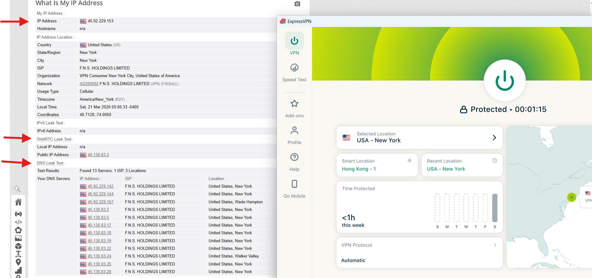 ExpressVPN IP, DNS, and WebRTC leak test results on Windows connected to New York server over WiFi showing no leaks detected
