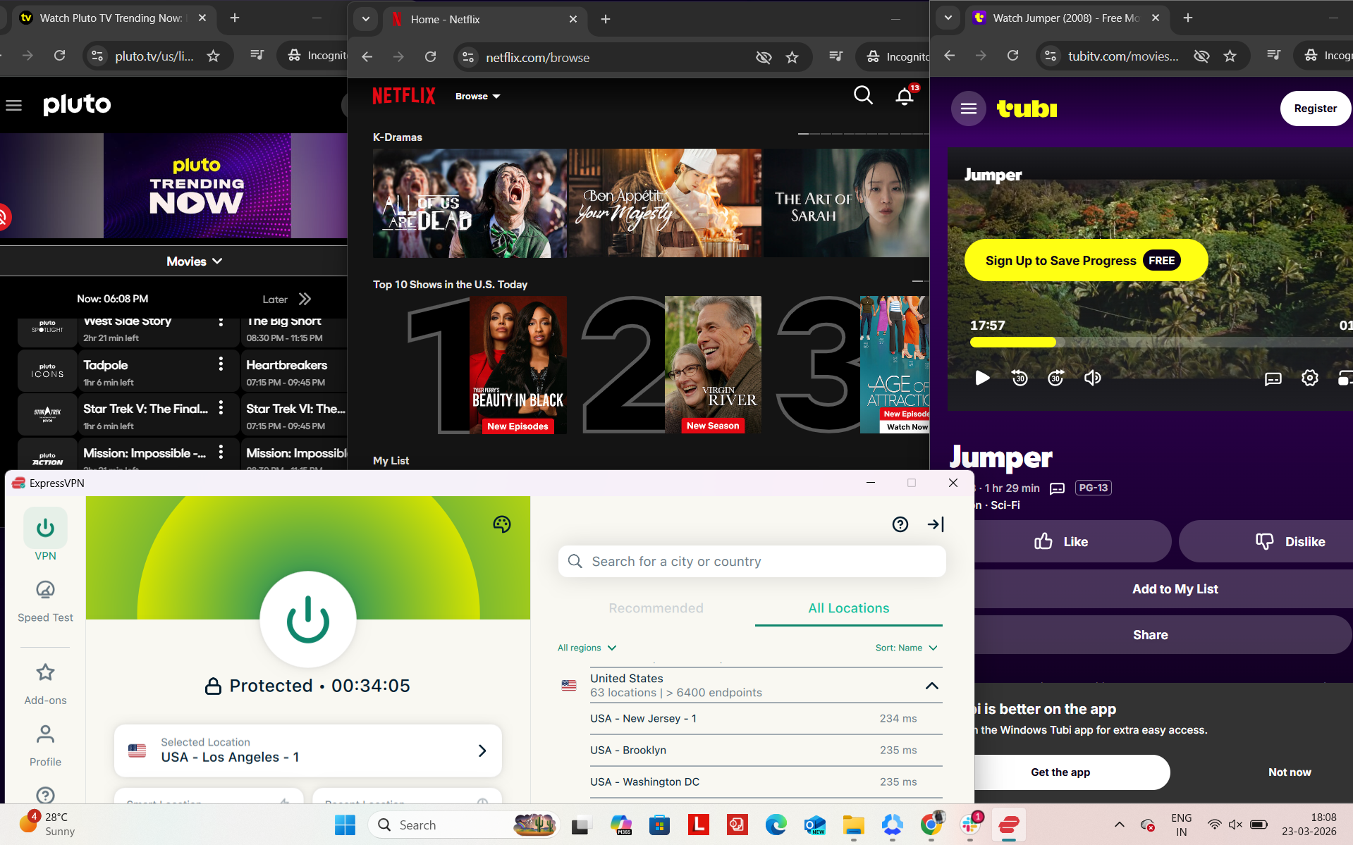 ExpressVPN connected on Windows to Los Angeles server while accessing Netflix US, Tubi TV and Pluto TV simultaneously in a browser