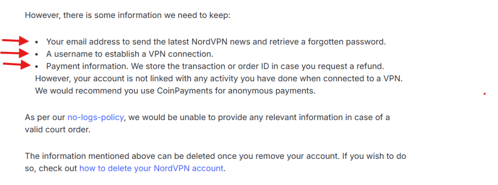 Information that NordVPN stores