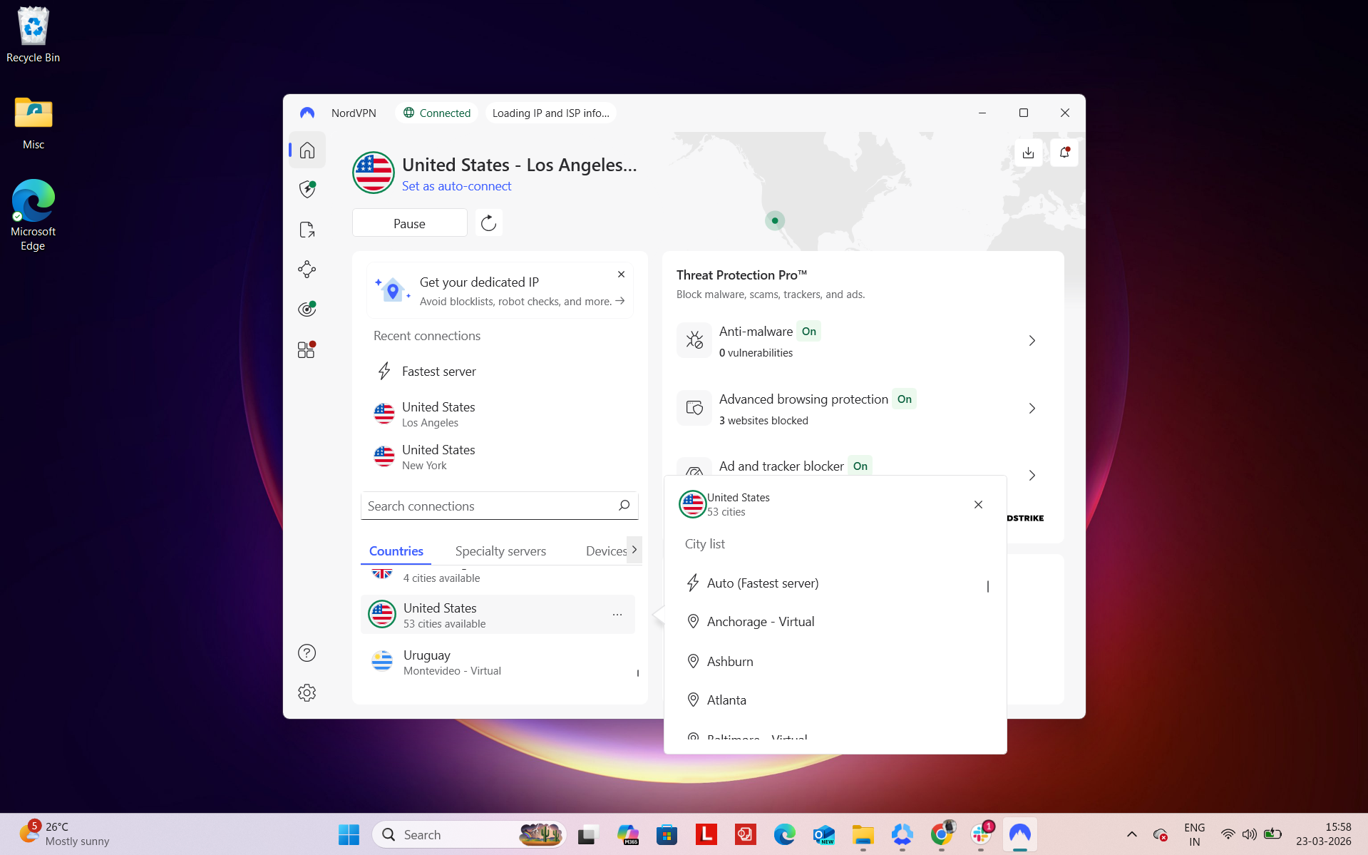 NordVPN Windows app interface showing server selection with Auto (Los Angeles) location and list of available US servers