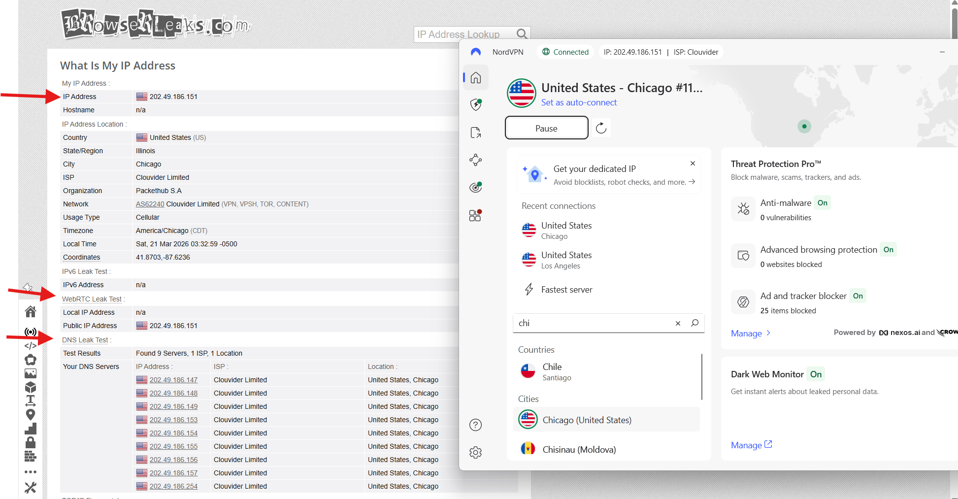 NordVPN IP, DNS, and WebRTC leak test results on Windows connected to Chicago server over WiFi showing no leaks detected