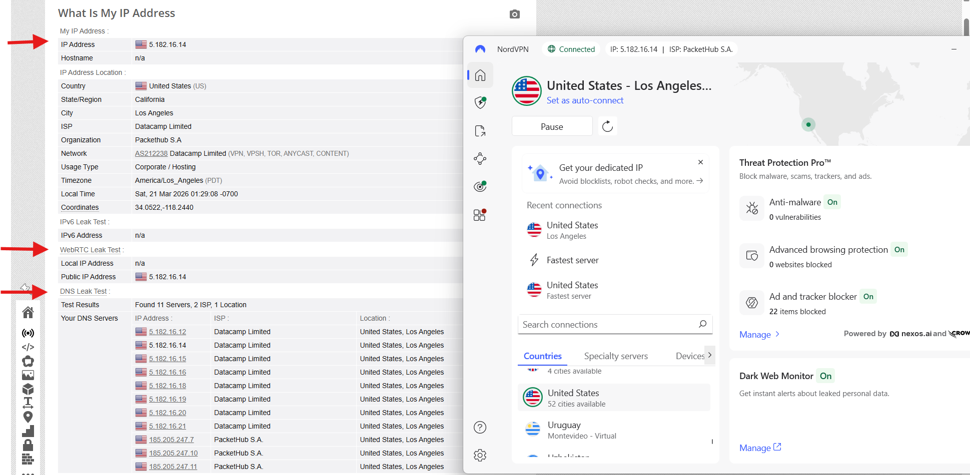 NordVPN IP, DNS, and WebRTC leak test results on Windows connected to Los Angeles server over WiFi showing no leaks detected