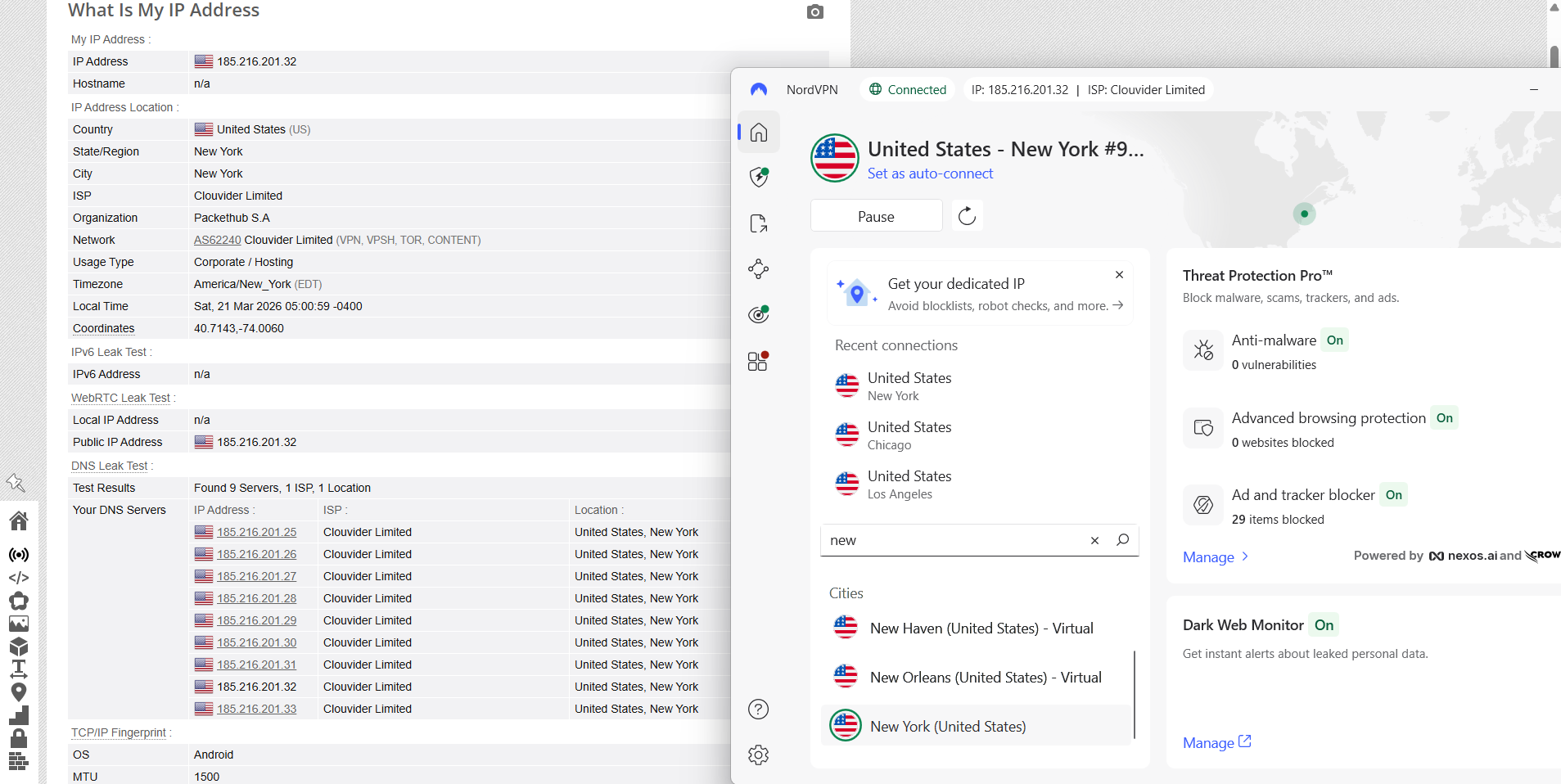NordVPN IP, DNS, and WebRTC leak test results on Windows connected to New York server over WiFi showing no leaks detected
