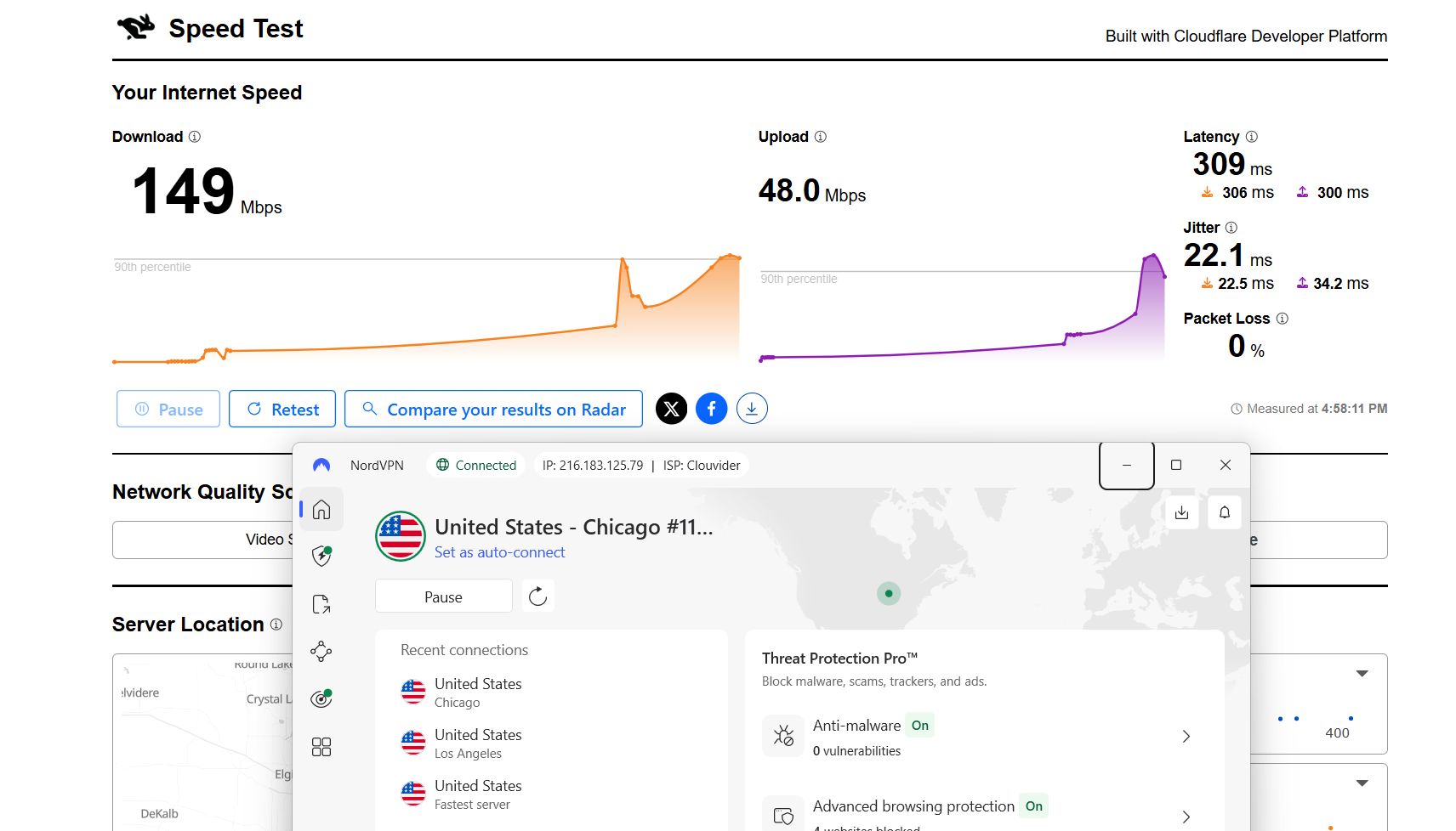 NordVPN speed test results on Windows connected to Chicago server over WiFi showing download, upload, and latency performance