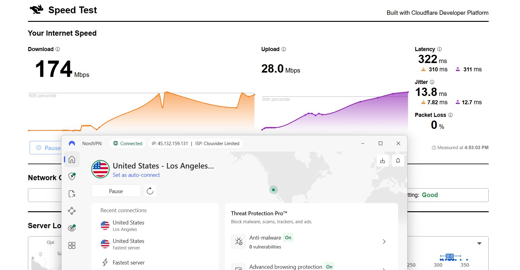 NordVPN speed test results on Windows connected to Los Angeles server over WiFi showing download, upload, and latency performance