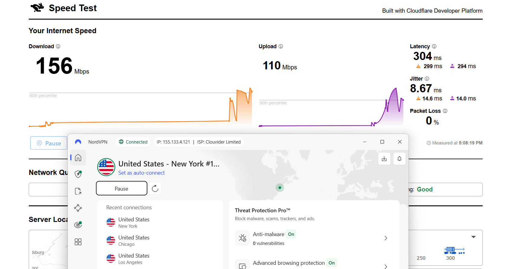 NordVPN speed test results on Windows connected to New York server over WiFi showing download, upload, and latency performance
