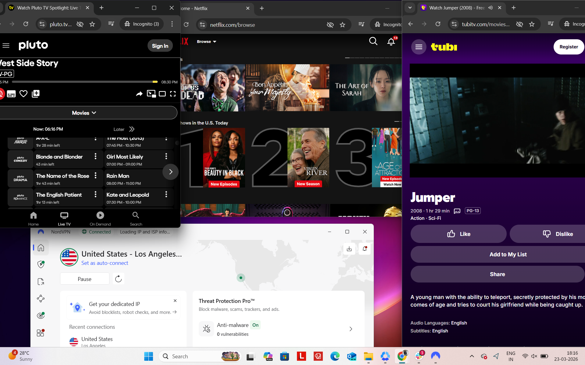 NordVPN connected on Windows to Los Angeles server while accessing Netflix US, Tubi TV and Pluto TV simultaneously in a browser