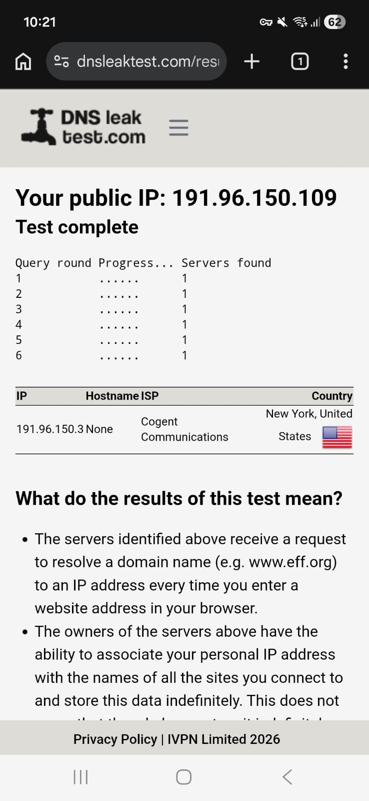 PIA VPN Android - DNS Leak Test
