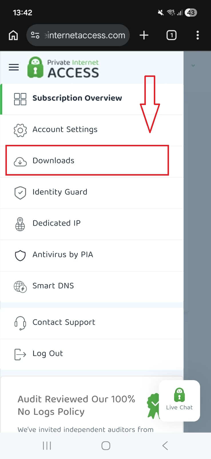 PIA VPN Android - Landing Page After Logging In