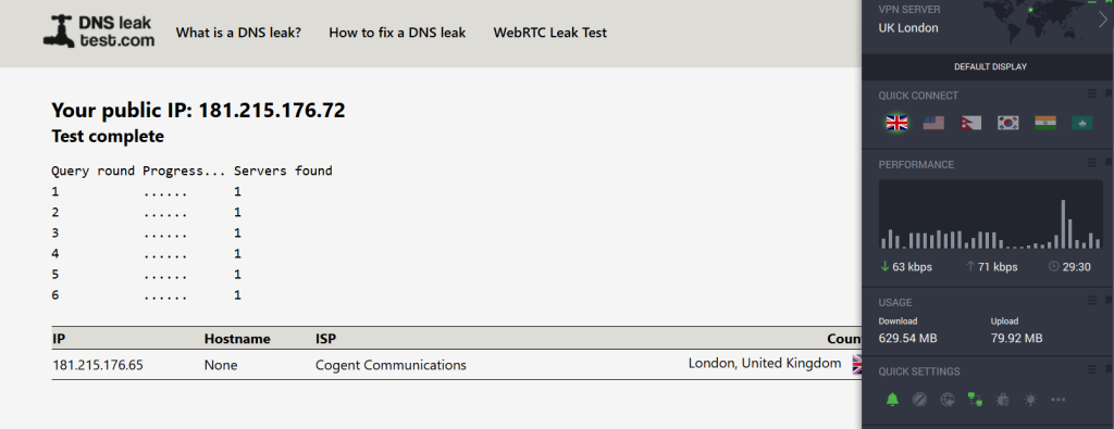 PIA VPN Windows - DNS Leaks Test