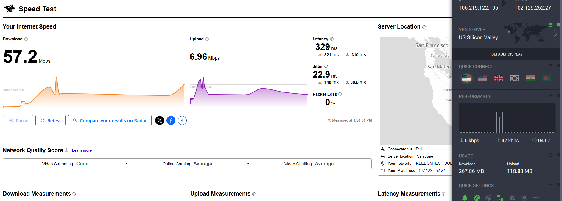 PIA VPN speed test results on Windows connected to Silicon Valley server over WiFi showing download, upload, and latency performance