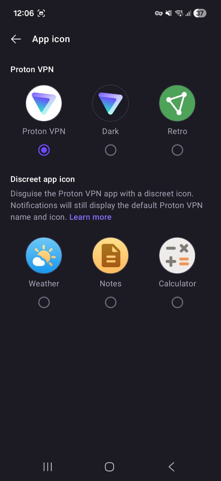 Proton VPN Android - App Icons Page Interface