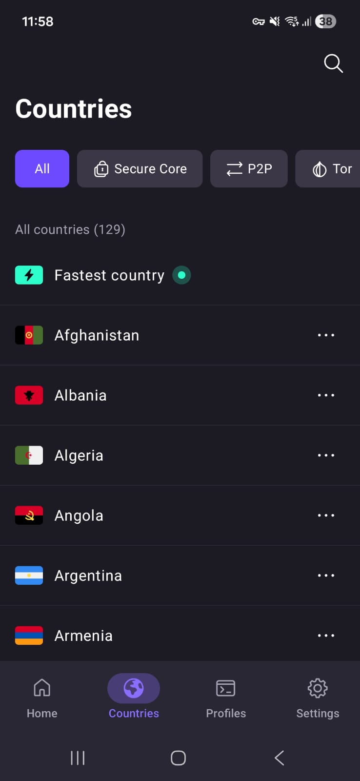 Proton VPN Android - Countries Page Interface