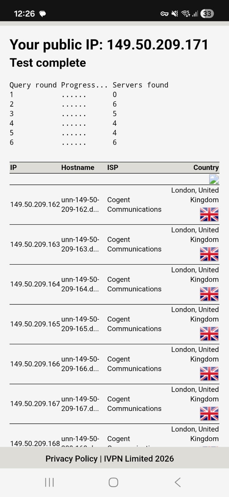 Proton VPN Android - DNS Leak Test