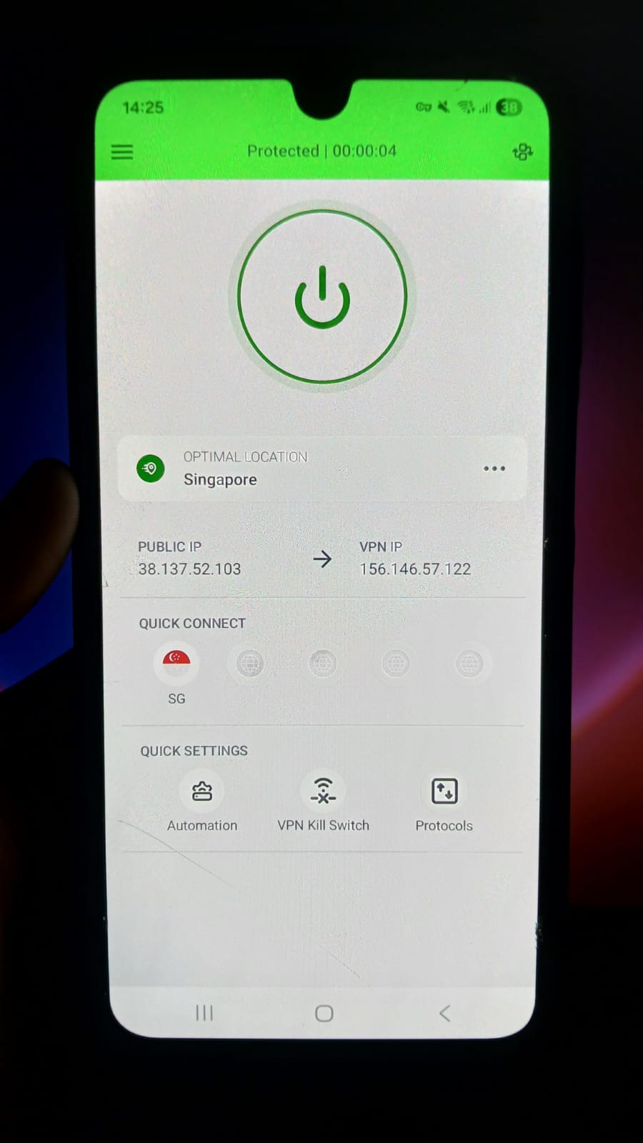 PIA VPN Android - Home Page Server Connected Interface